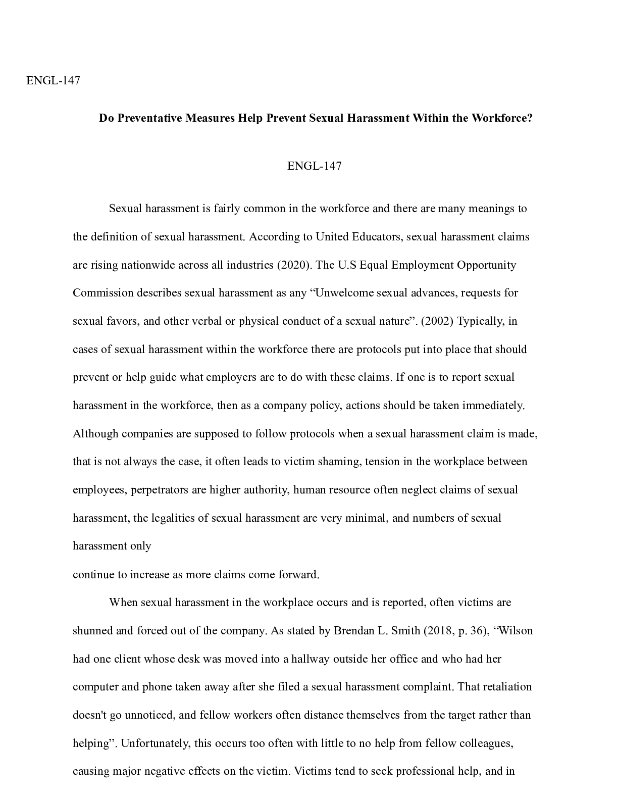 Preview image of Sexual Harassment in the Workforce.docx    ENGL-147  Do Preventative Measures Help Prevent document